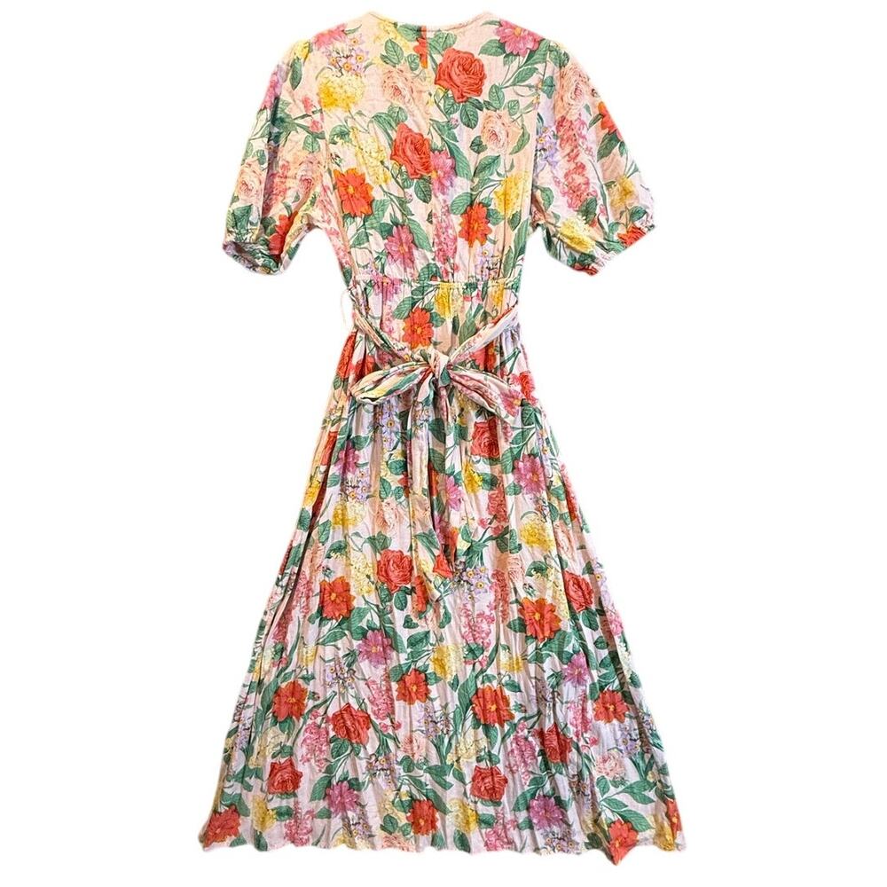 Old Navy Pink Floral Linen Midi Maxi Dress L Large Twist Tie Wrap Puff Sleeve - Picture 3 of 8